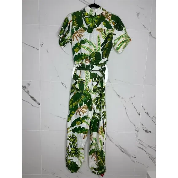 Farm Rio XXS Green white Tropical Leaf Print Jumpsuit Linen Resort Anthropologie - Picture 11 of 16